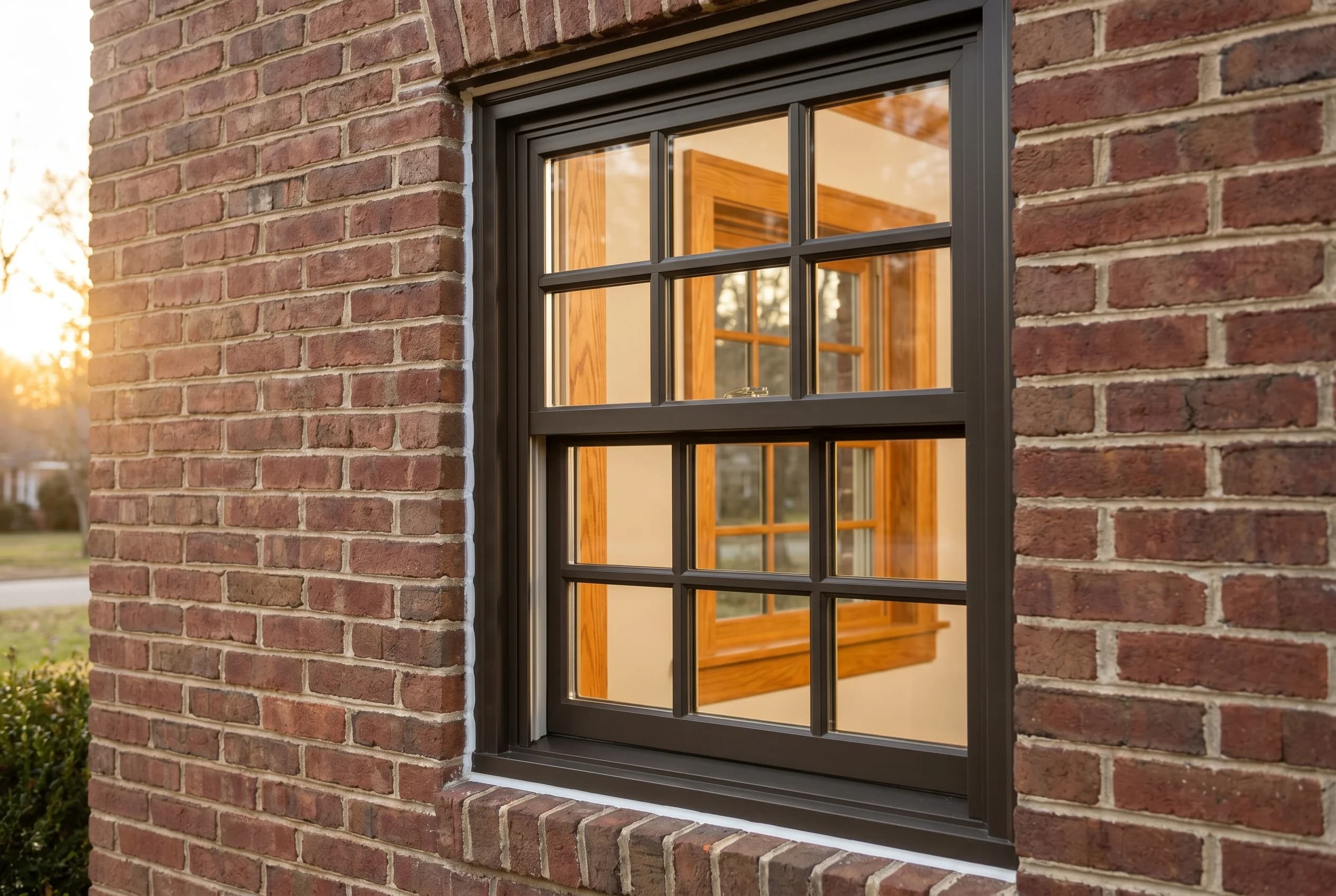 Brand-new Harvey Classic Wood window with clad aluminum exterior and real wood interior trim, divided-light grille pattern