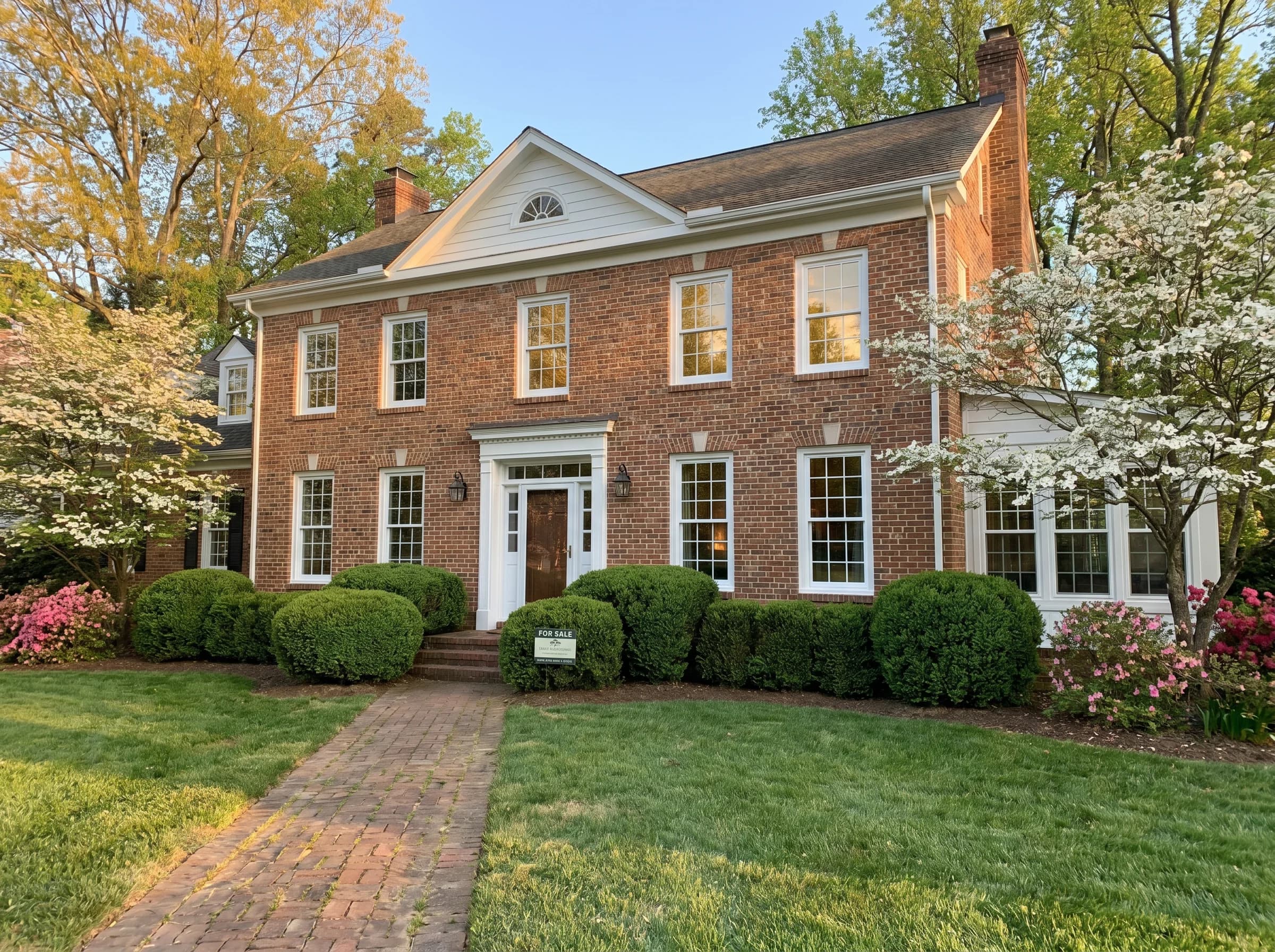 Federal-style brick colonial in central NC with brand-new Harvey custom-sized vinyl windows installed in the original non-standard openings, dogwood in bloom, golden hour
