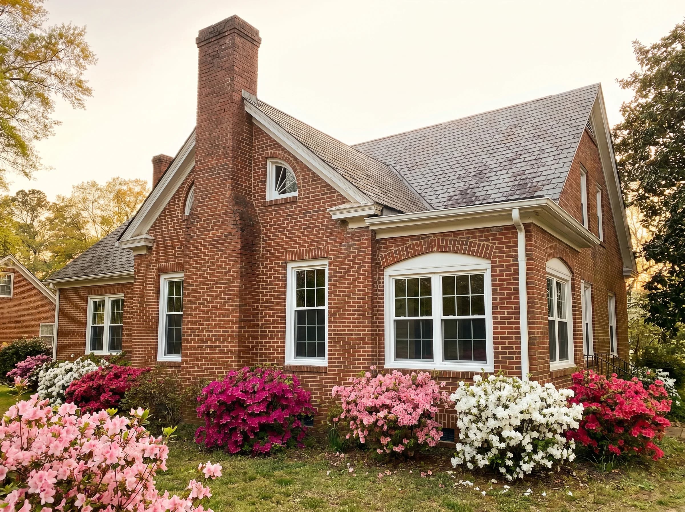 Three-quarter angle of a Louisburg historic brick home with brand-new Harvey custom-sized vinyl windows installed in the original architecturally non-standard openings, azaleas in spring bloom