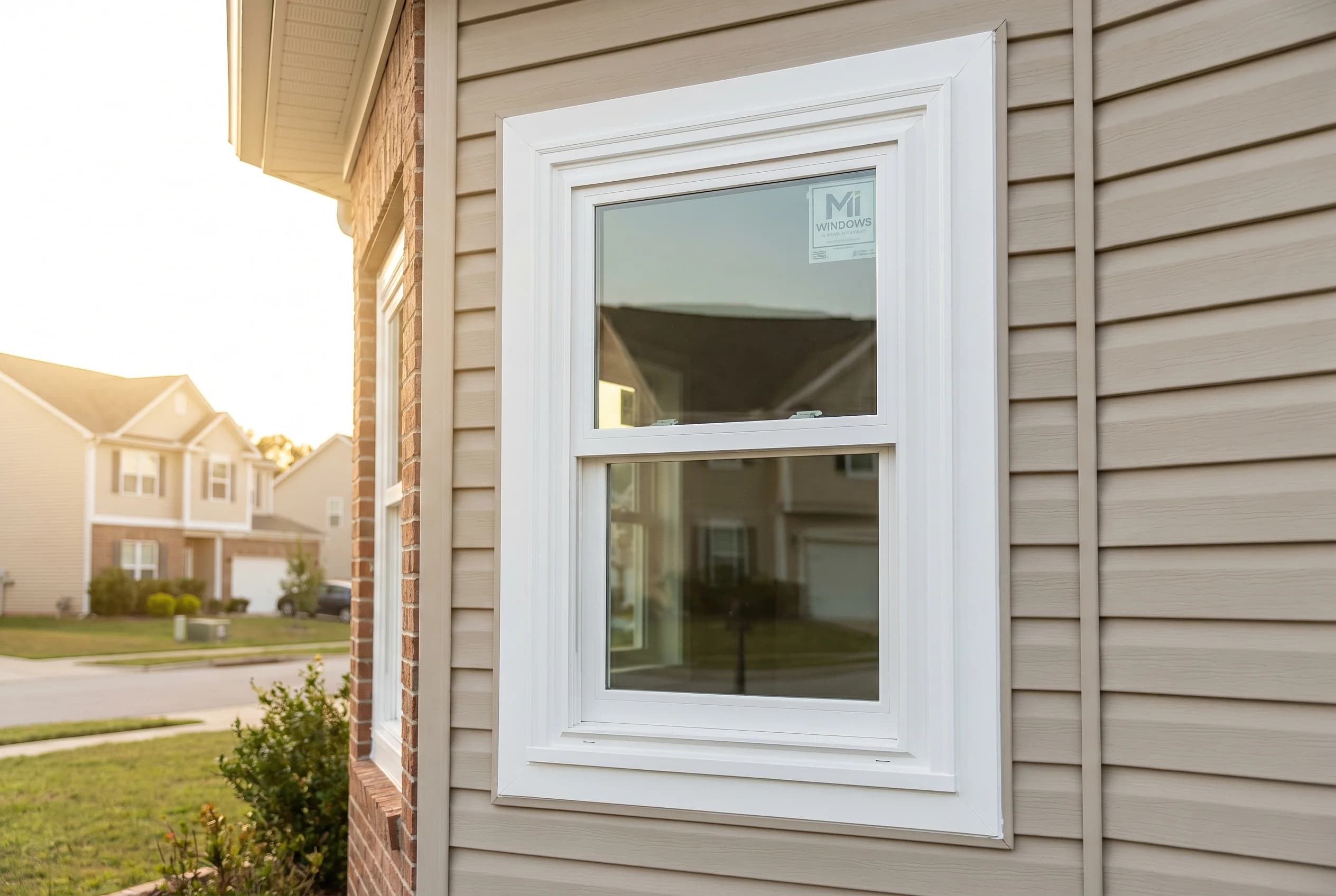 Brand-new MI vinyl double-hung window — two stacked operable sashes, crisp white frame, freshly installed
