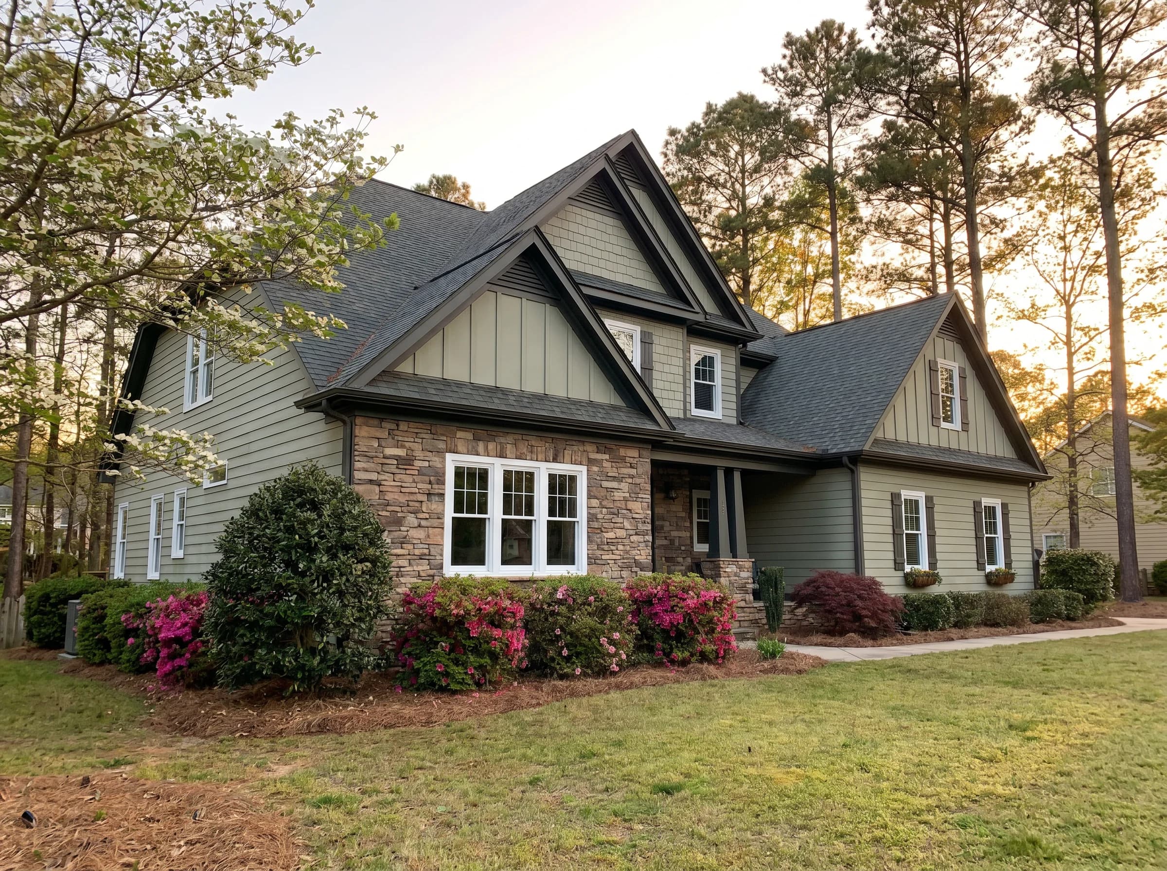 Three-quarter angle of a NC craftsman home with brand-new MI Windows recently installed, stone foundation accent, azaleas in bloom