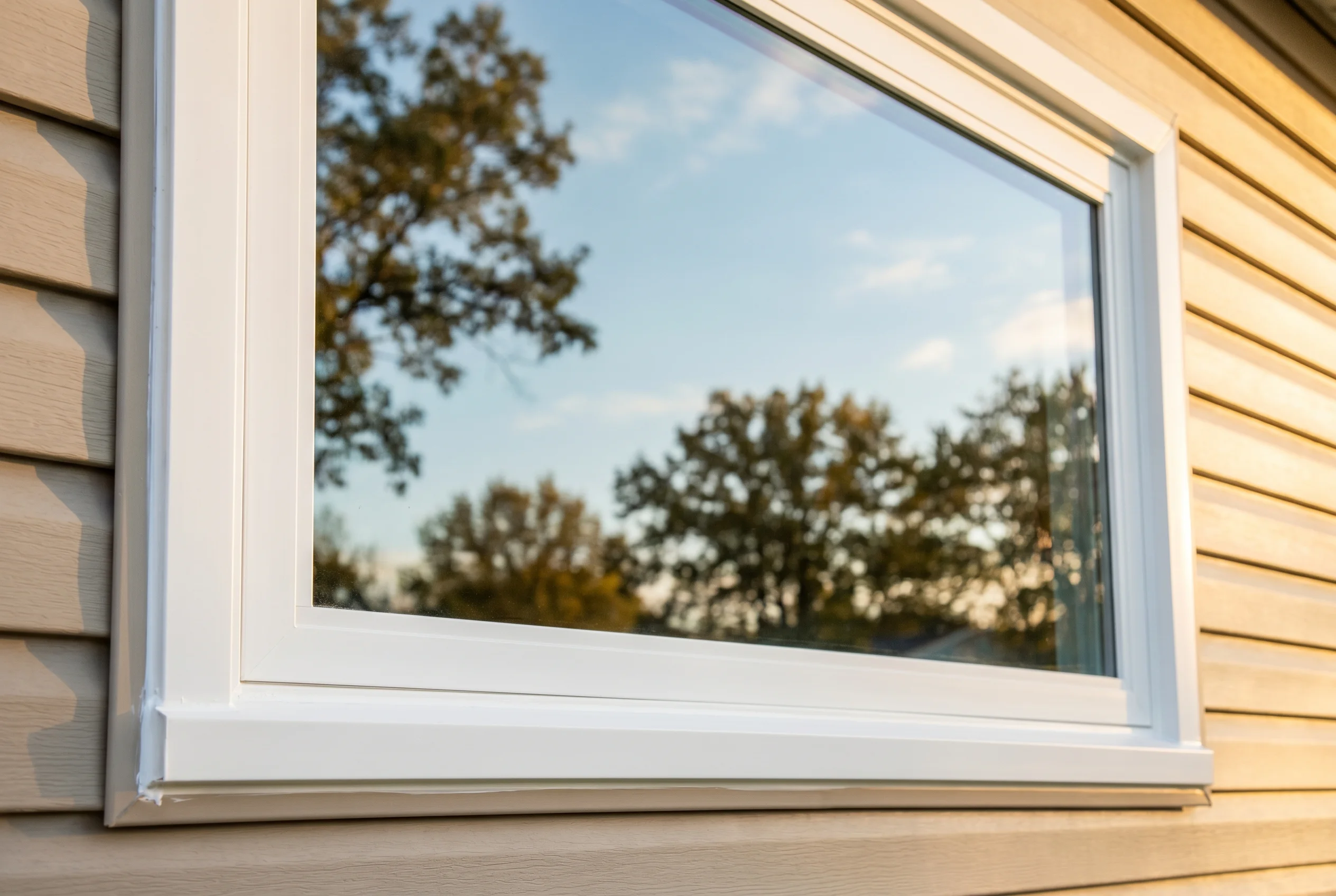 Brand-new MI fixed picture window — single large pane with no operable hardware, sunset reflection of trees and sky