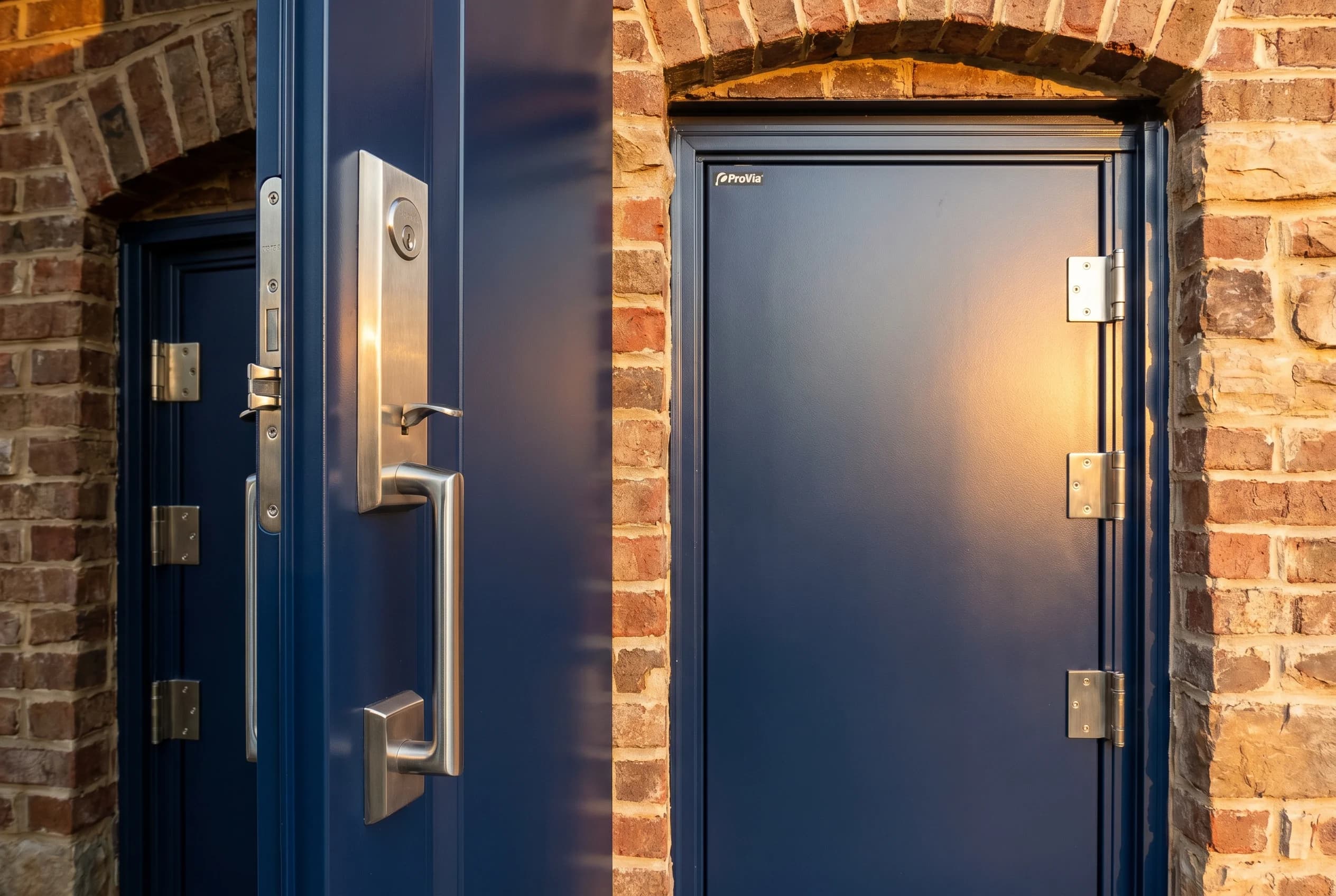 Brand-new ProVia Embarq steel entry door in dark finish, multi-point locking system visible, premium polished stainless hardware, brick surround