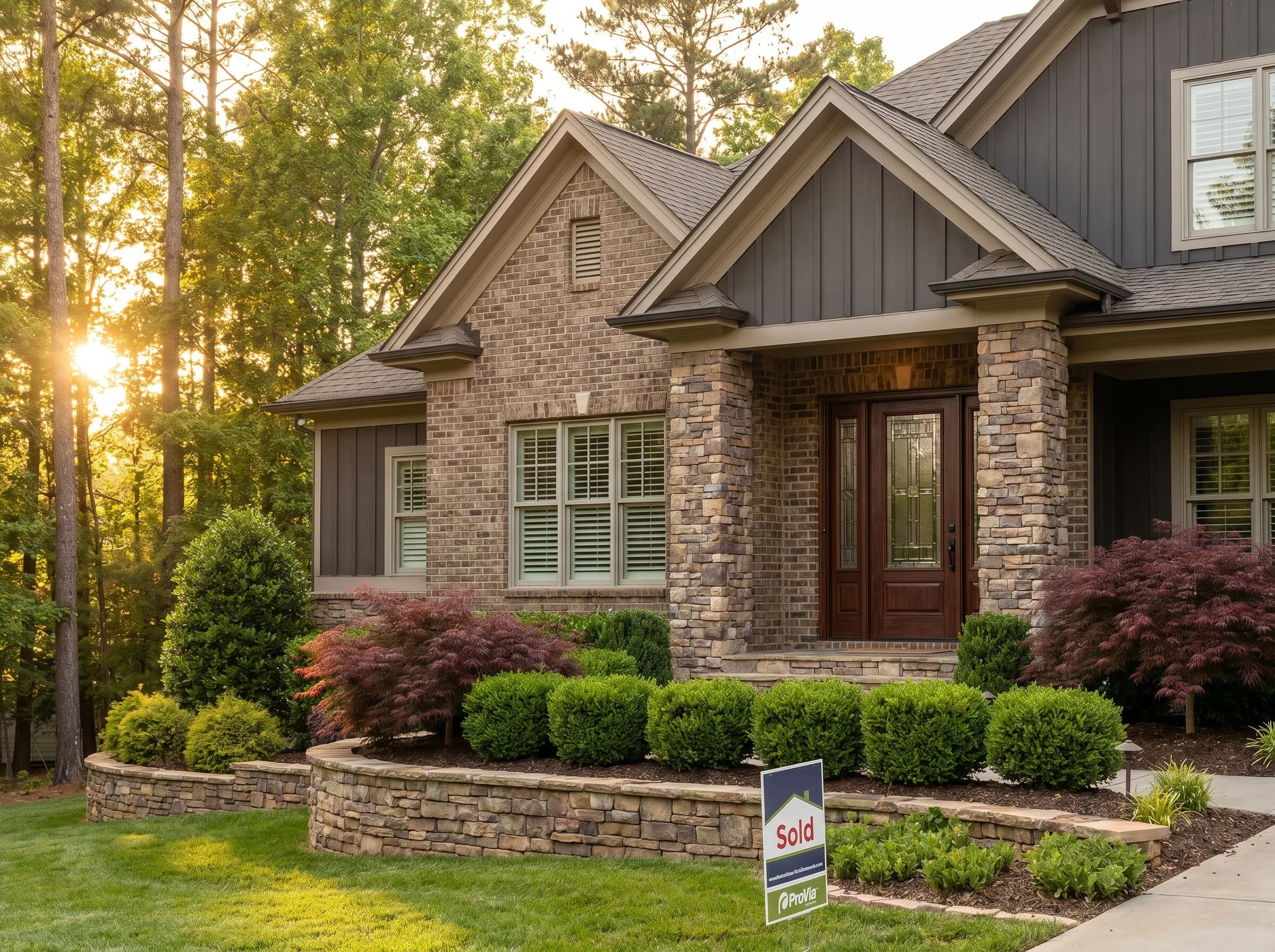 Three-quarter angle of a premium NC custom-built home with brand-new ProVia Heritage fiberglass entry door installed, stone column accents, mature landscape with boxwoods and Japanese maples