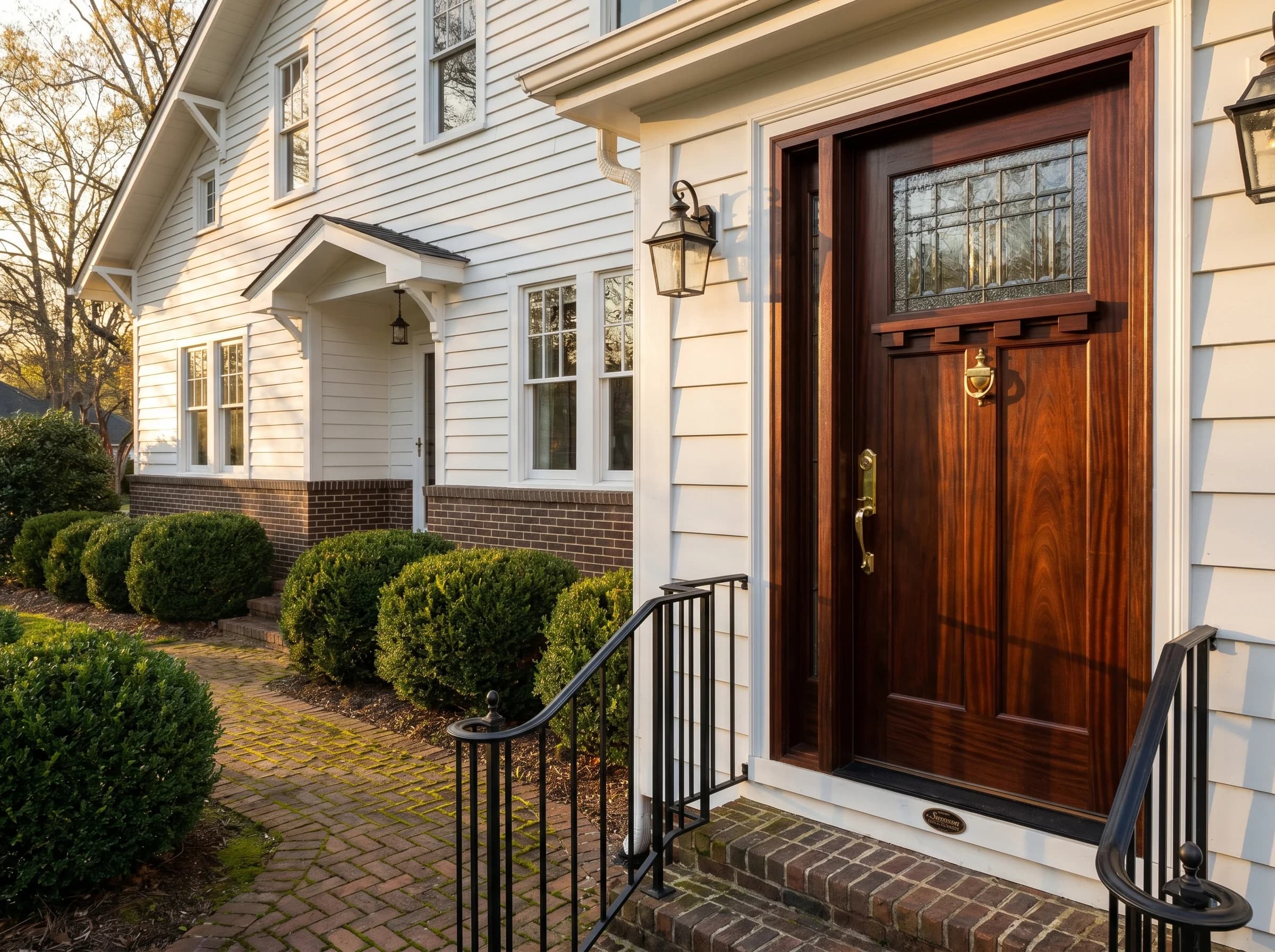 Historic NC clapboard home with brand-new Simpson real-wood stile-and-rail entry door, deep mahogany finish, leaded glass insert with detailed metalwork, wrought-iron handrails, brick foundation, golden hour