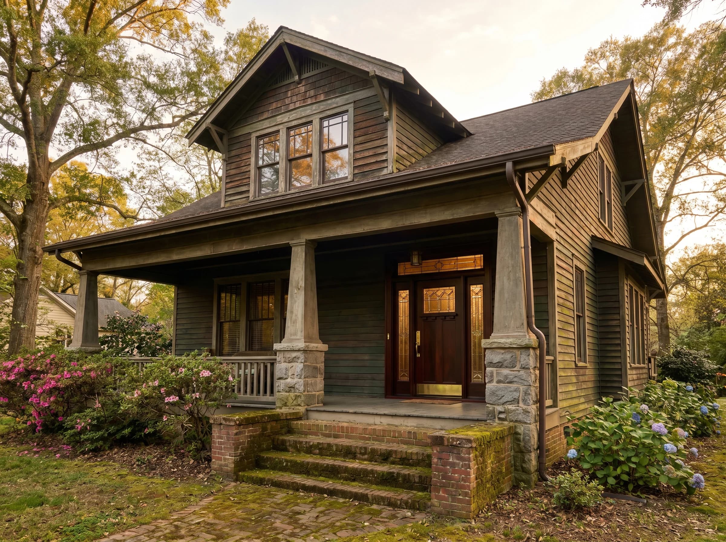 Three-quarter angle of a historic Louisburg craftsman bungalow with brand-new Simpson real-wood Architectural Series front door installed, period-correct setting with mature landscape