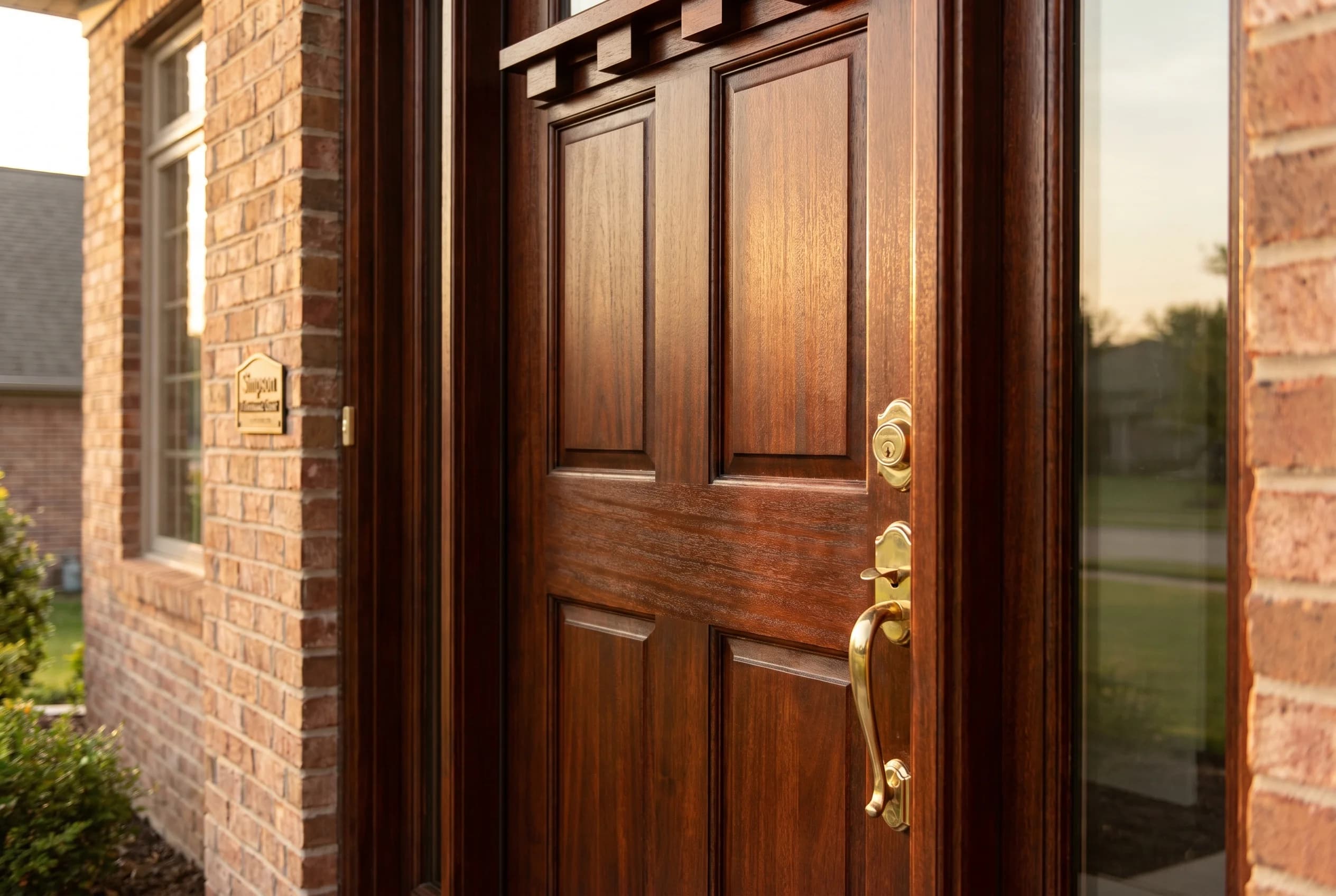 Brand-new Simpson Performance Series real-wood entry door with visible mortise-and-tenon stile-and-rail construction, deep stained mahogany finish, six-panel craftsman design