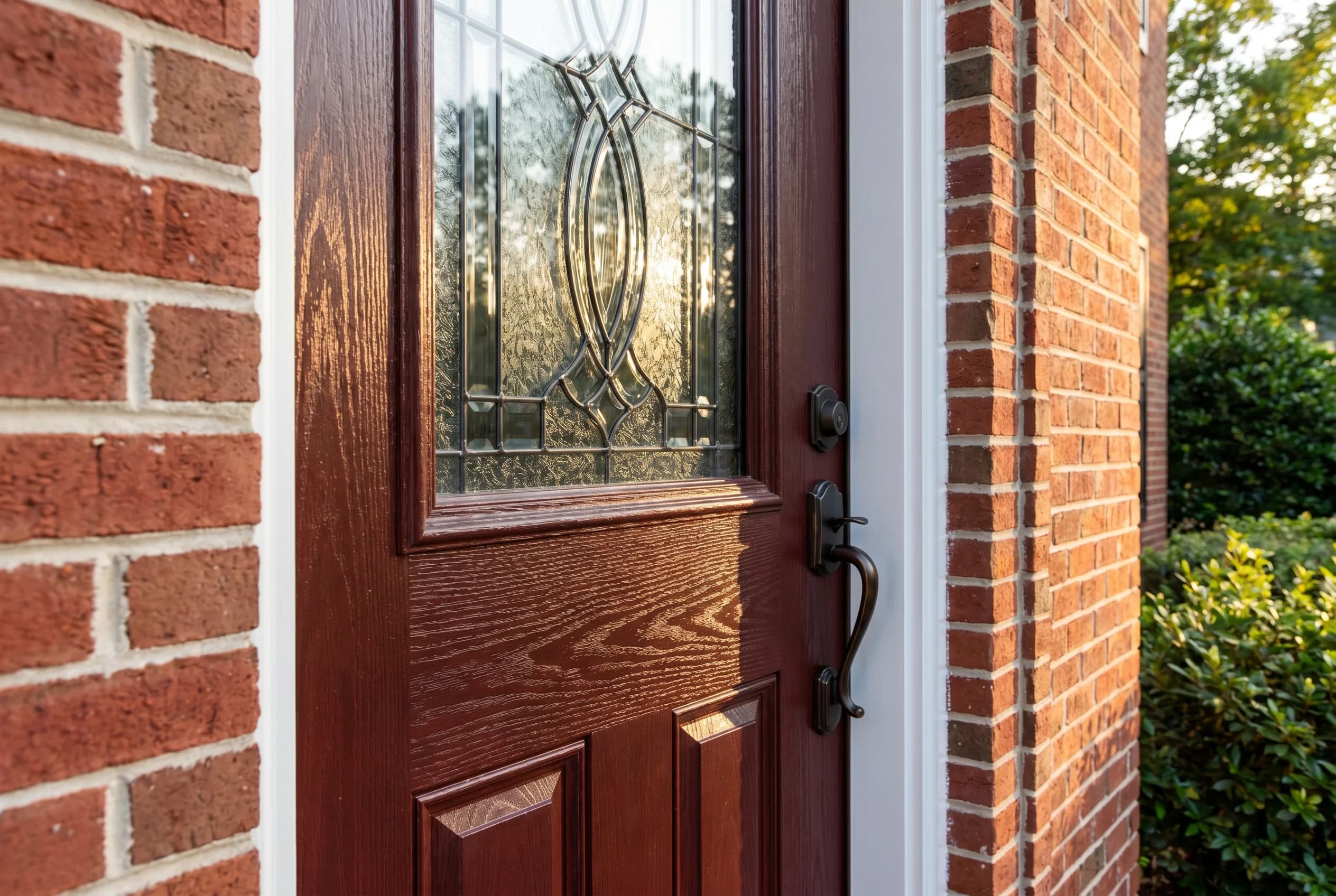 Brand-new Therma-Tru Classic Craft premium fiberglass door with deep three-dimensional mahogany wood-grain emboss, leaded glass insert, premium oil-rubbed bronze hardware