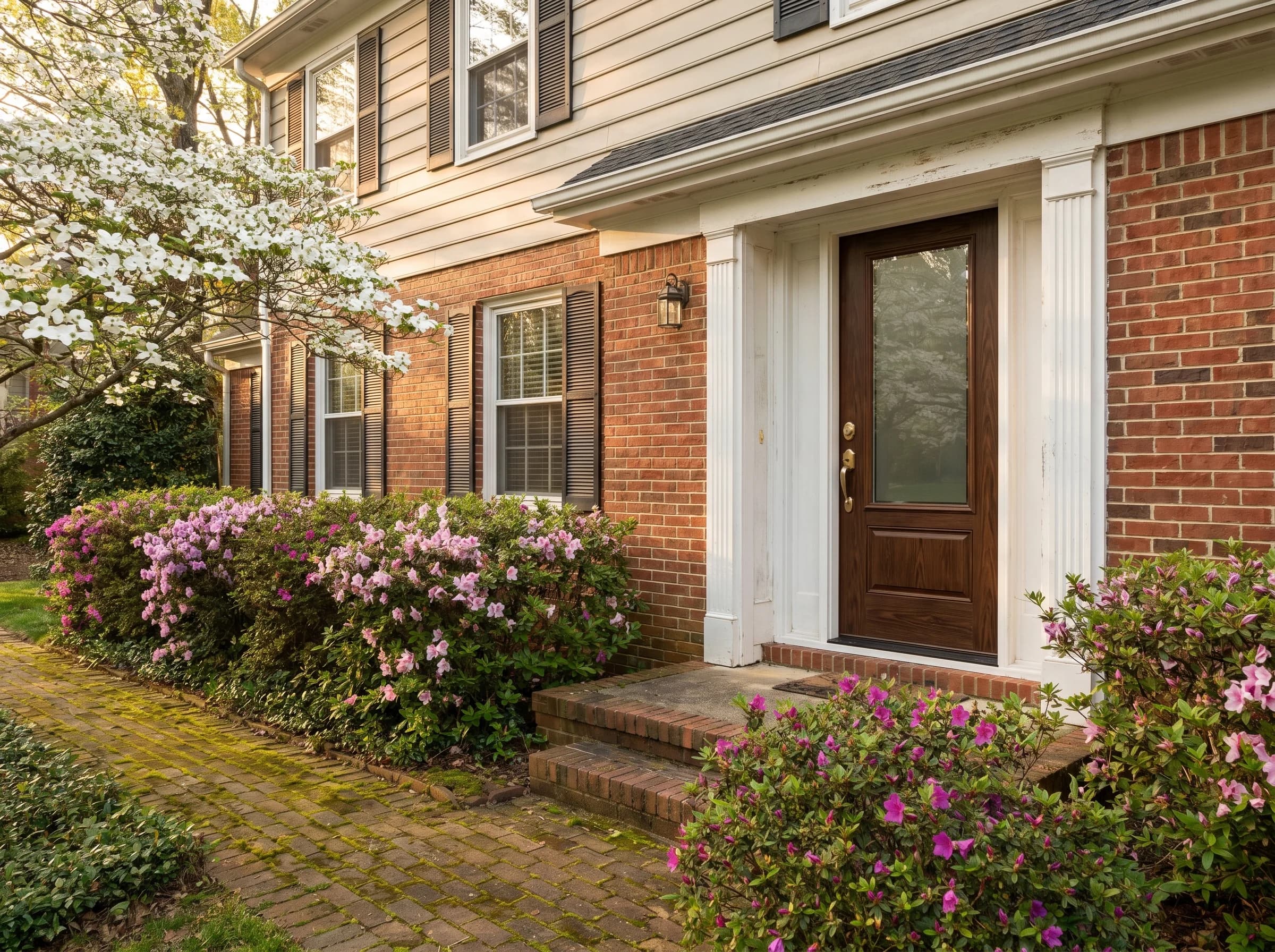 Three-quarter angle of a traditional NC home with brand-new Therma-Tru fiberglass entry door installed at the front, established mature landscape with azaleas in spring bloom