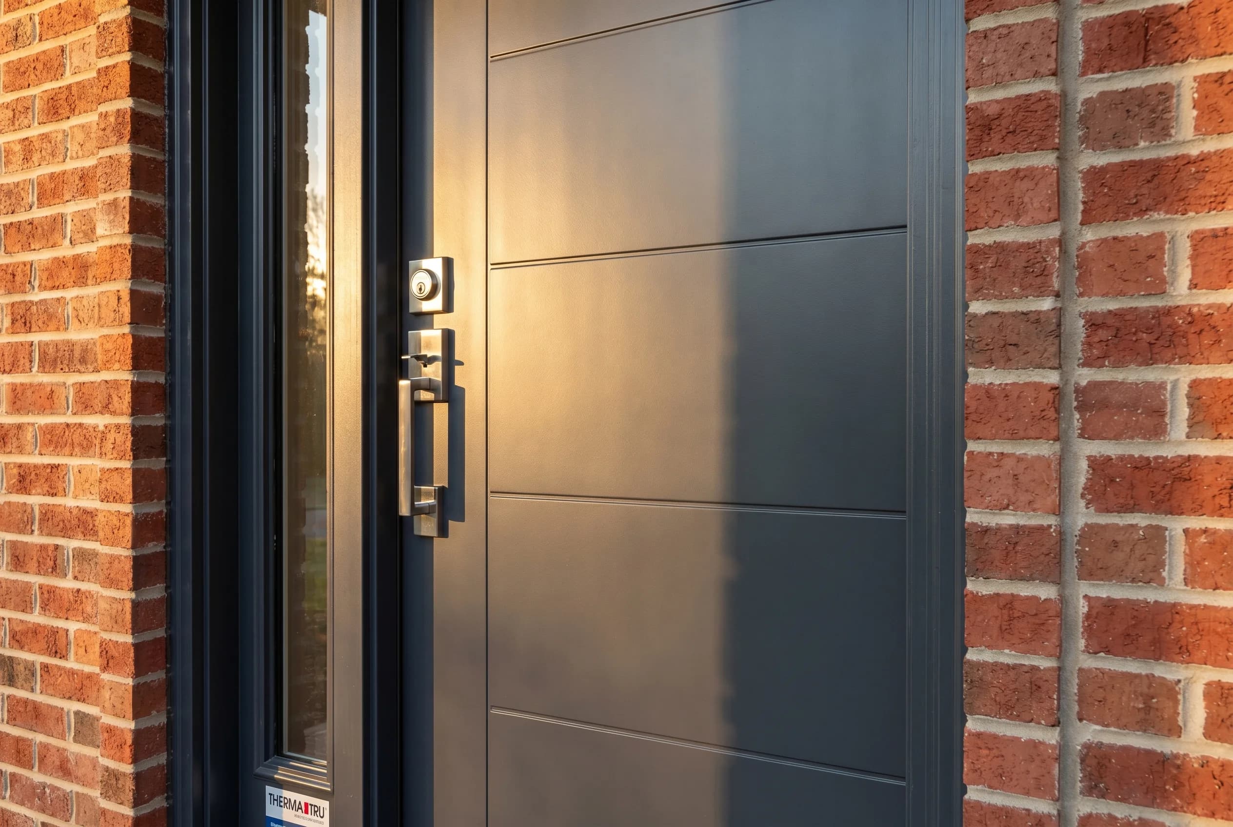 Brand-new Therma-Tru Pulse steel entry door in dark navy or charcoal finish, reinforced design, polished stainless heavy-duty hardware, brick surround