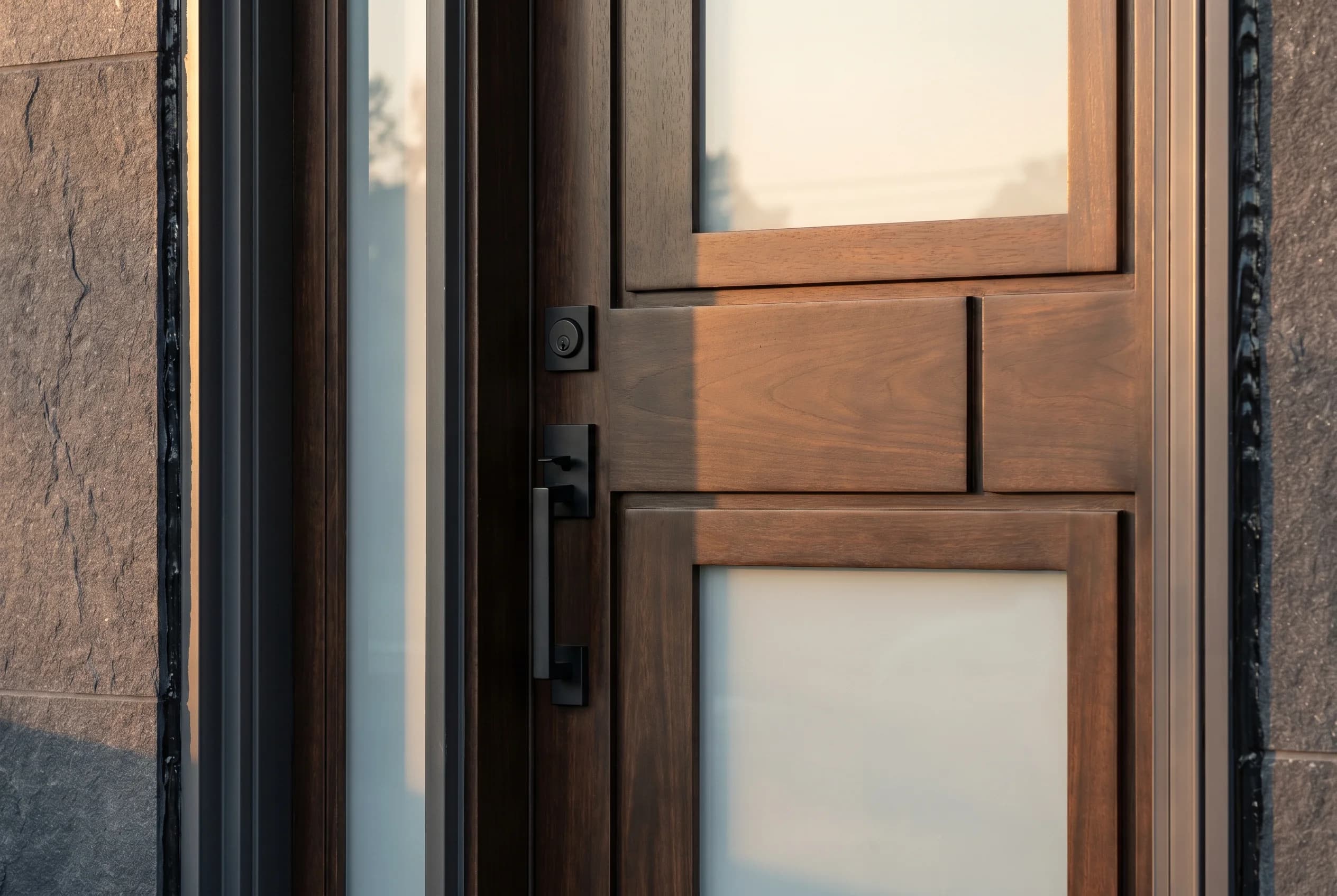 Brand-new TruStile Custom-Order designer-spec entry door with custom panel layout, mixed wood-and-glass composition, deep stained walnut finish