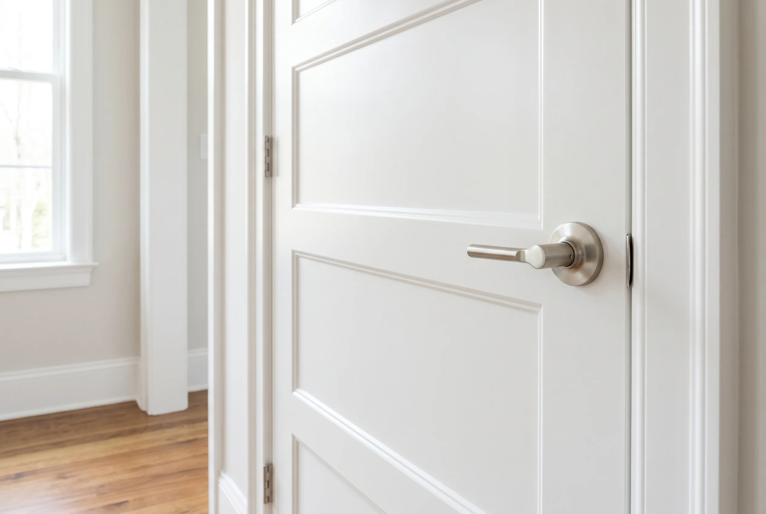 Brand-new TruStile MDF Series interior stile-and-rail door, smooth white painted finish, clean craftsman panel reveals, satin nickel modern lever hardware