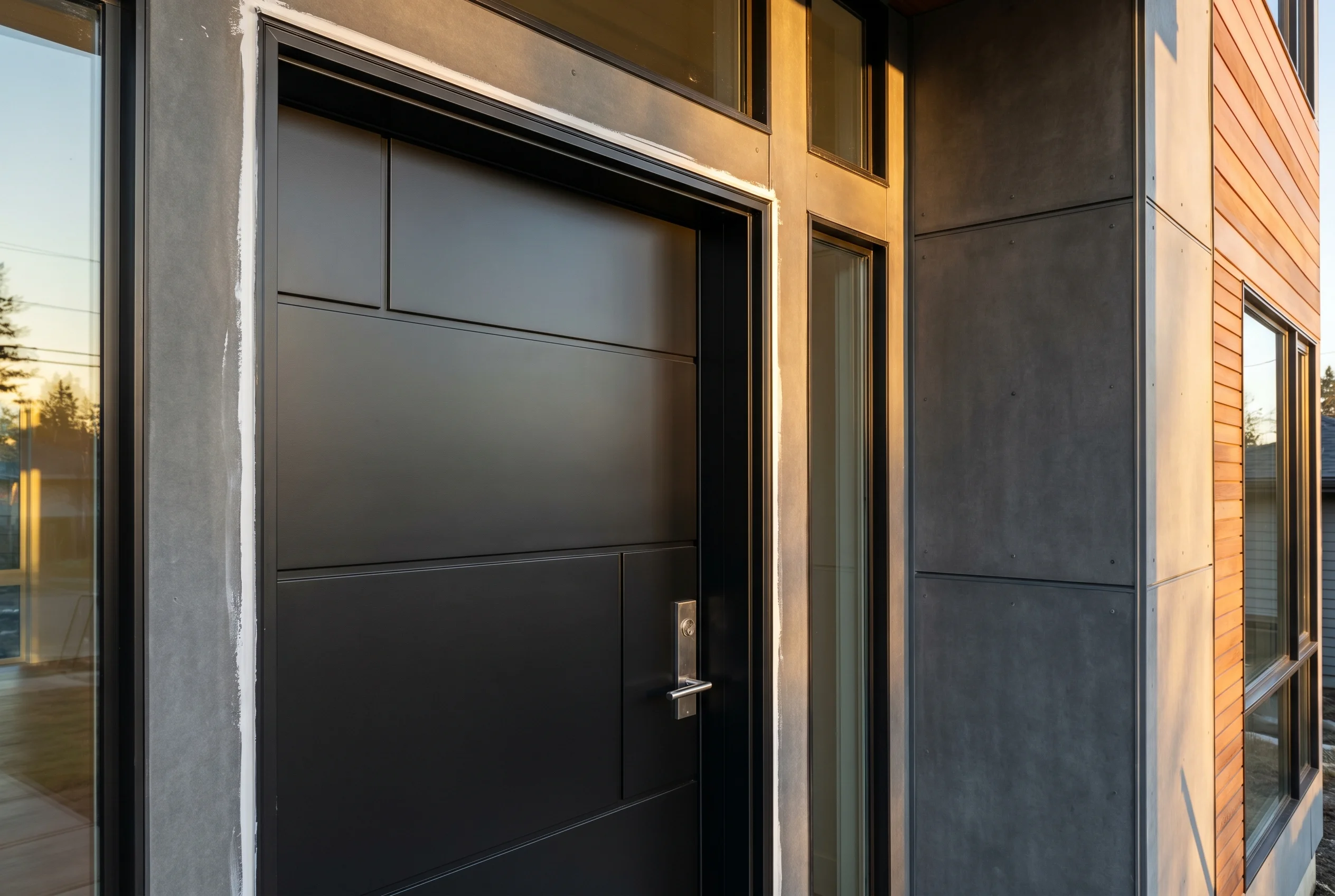 Brand-new TruStile Modern Series entry door with minimalist clean horizontal reveals, large geometric panels, premium matte black painted finish, brushed stainless hardware