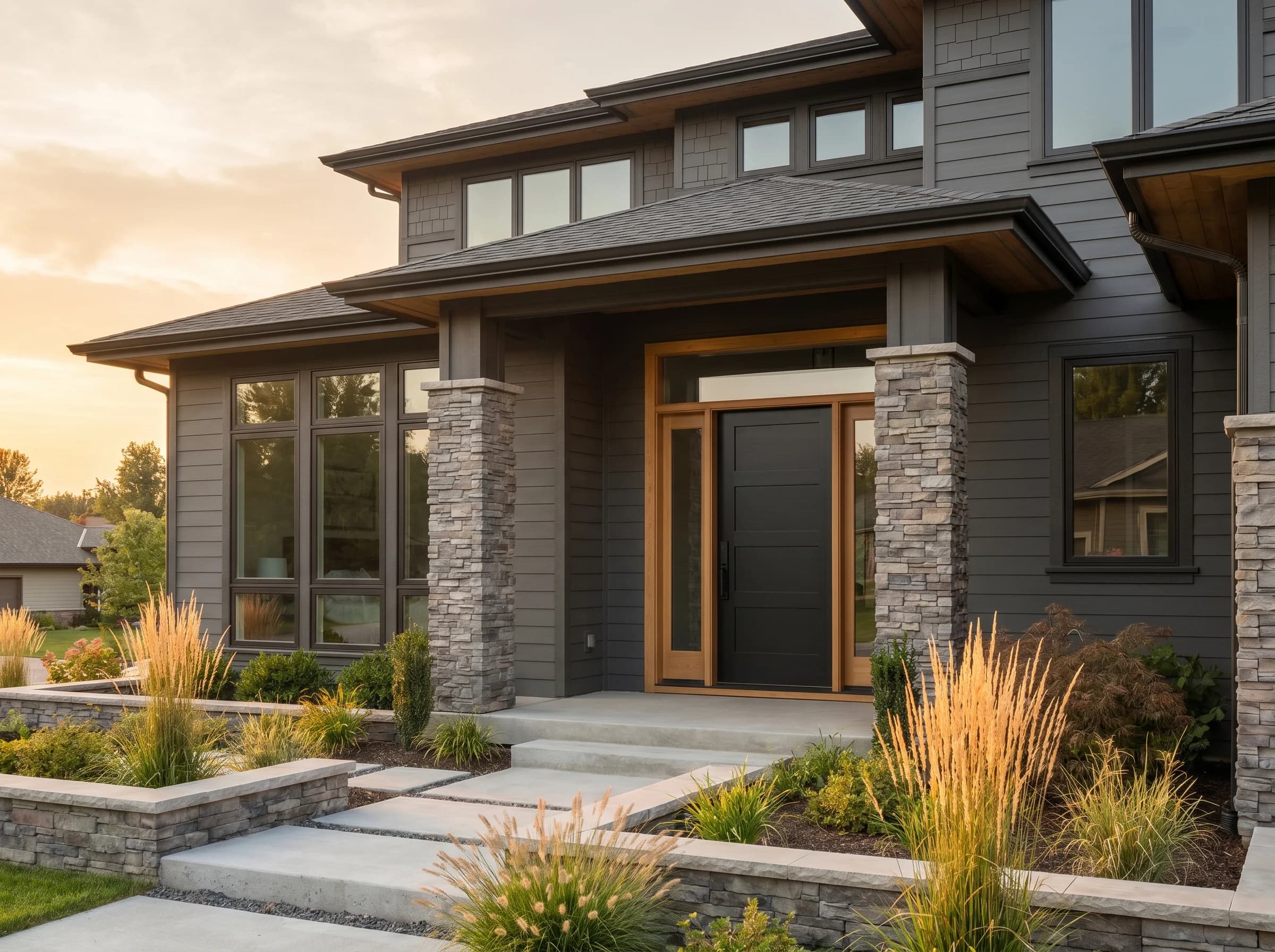 Three-quarter angle of a contemporary NC craftsman or transitional home with brand-new TruStile TS Wood Series custom entry door, mixed material exterior, modern landscape architecture