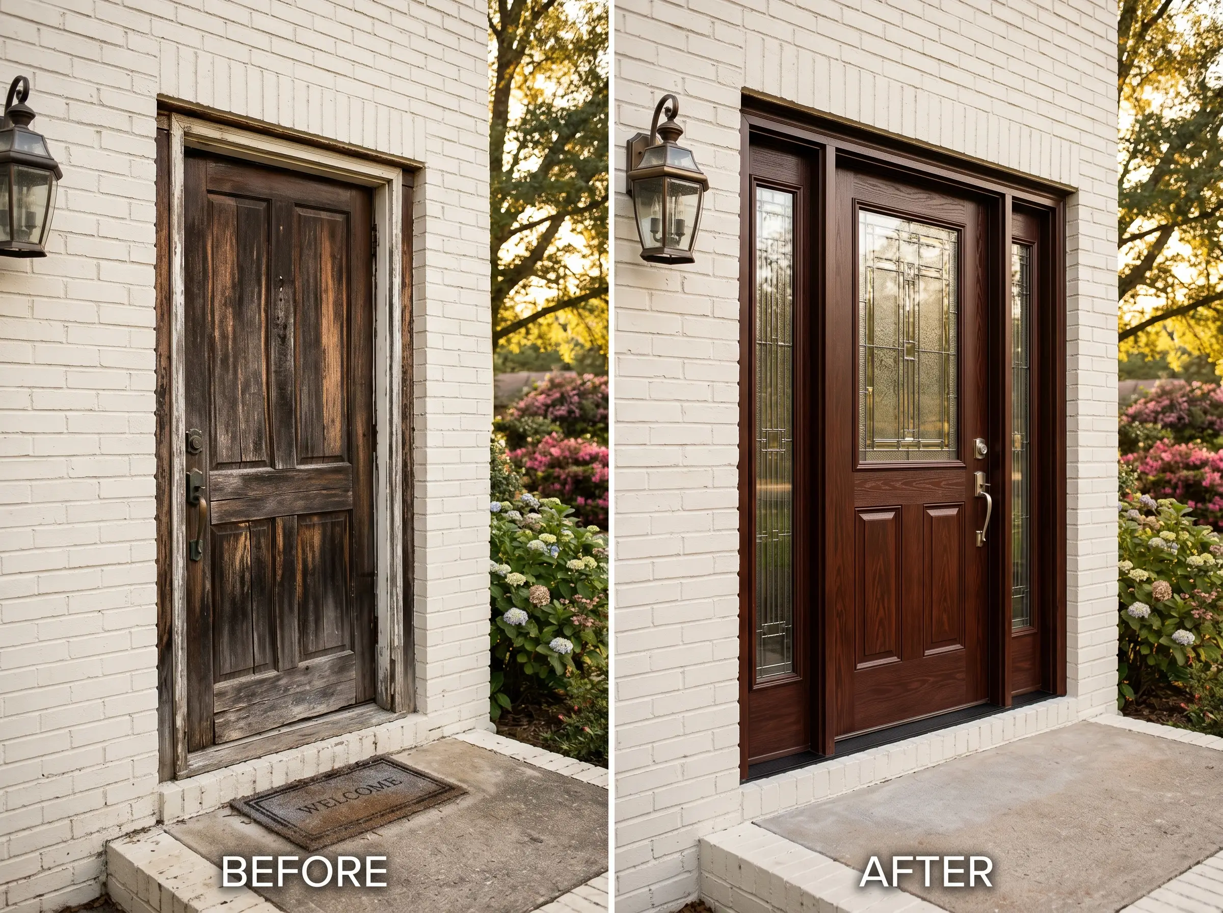 Before/after: warped wood entry door replaced with new fiberglass and sidelights