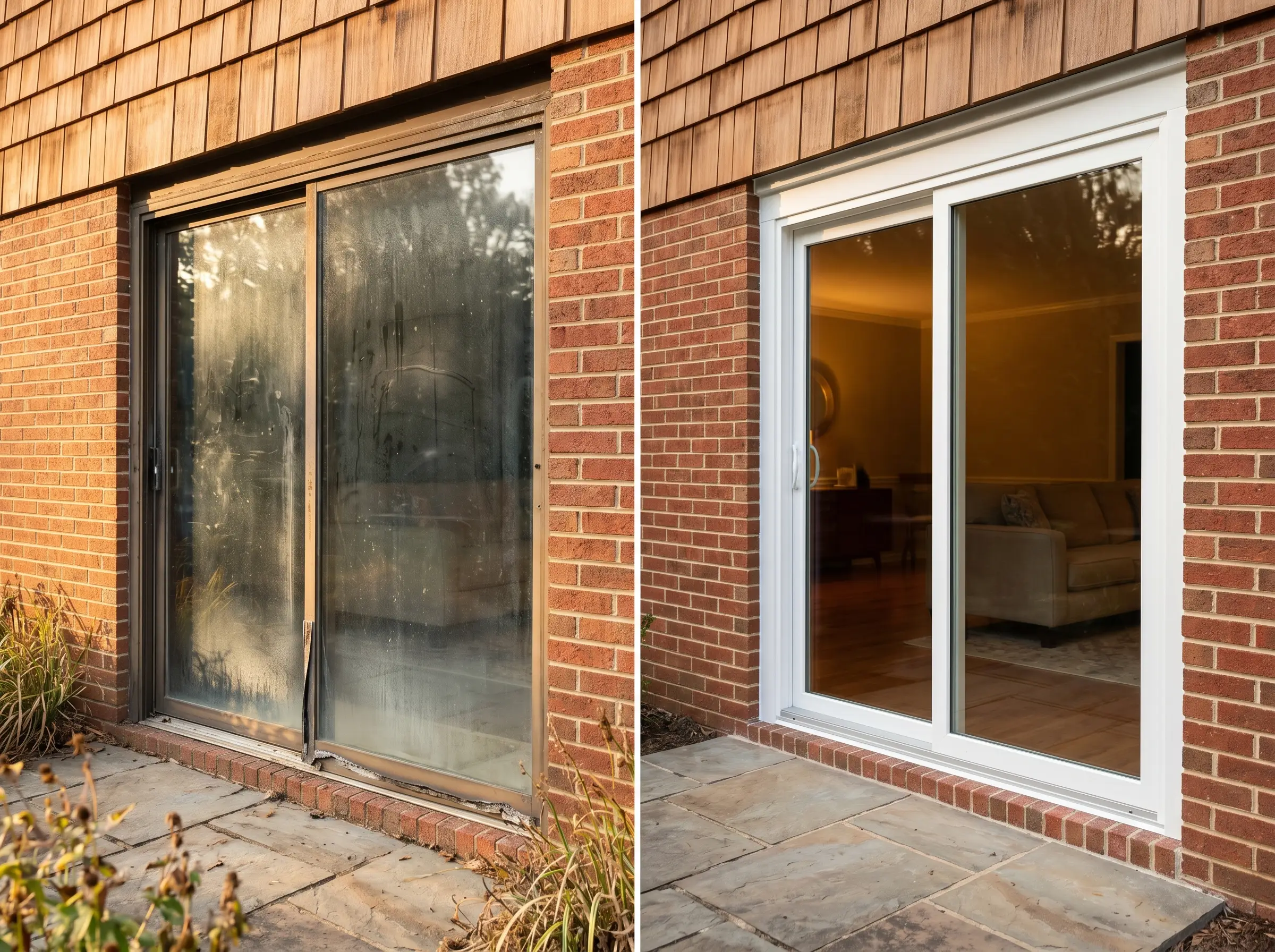 Before/after: failed sliding patio door replaced with crisp white-framed sliders