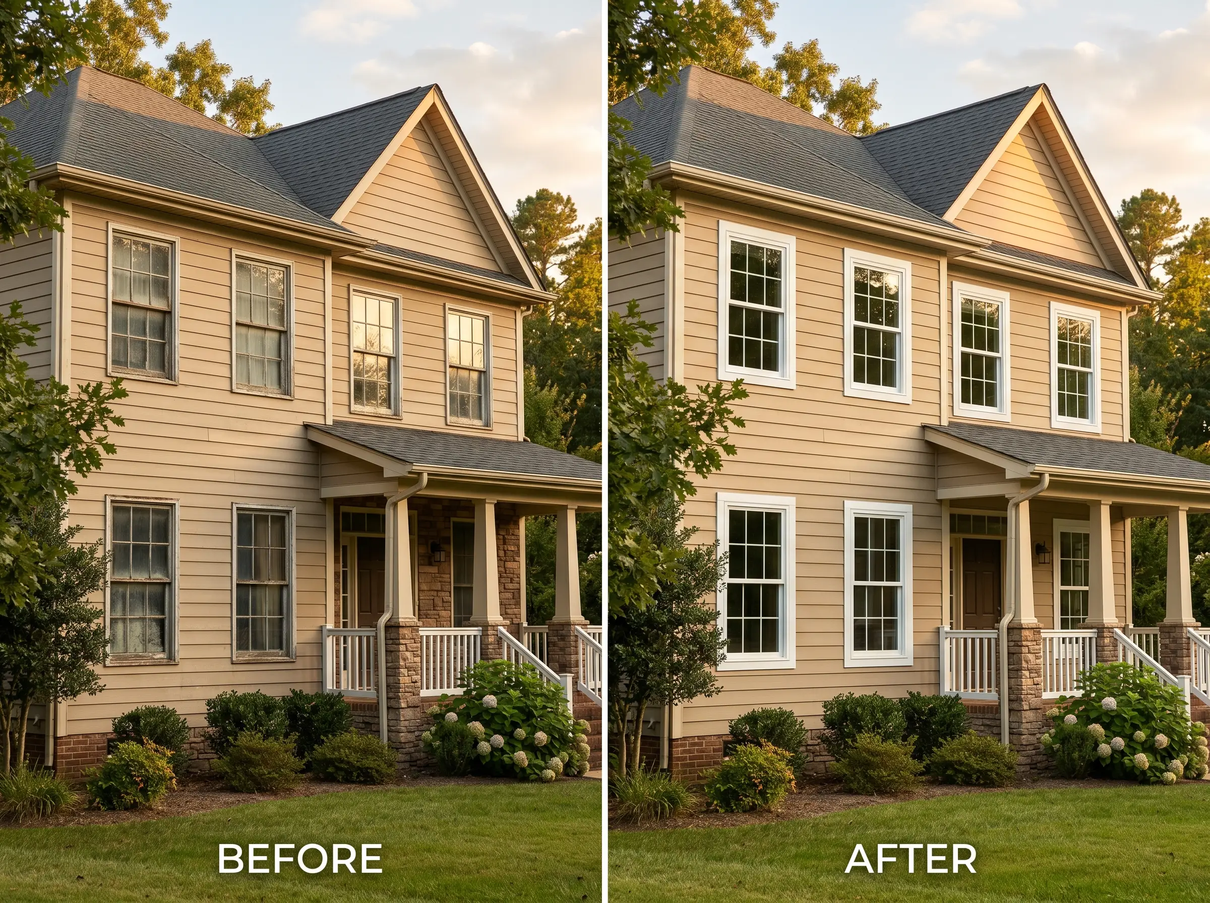 Before/after: original aluminum-frame windows replaced with new vinyl double-hungs
