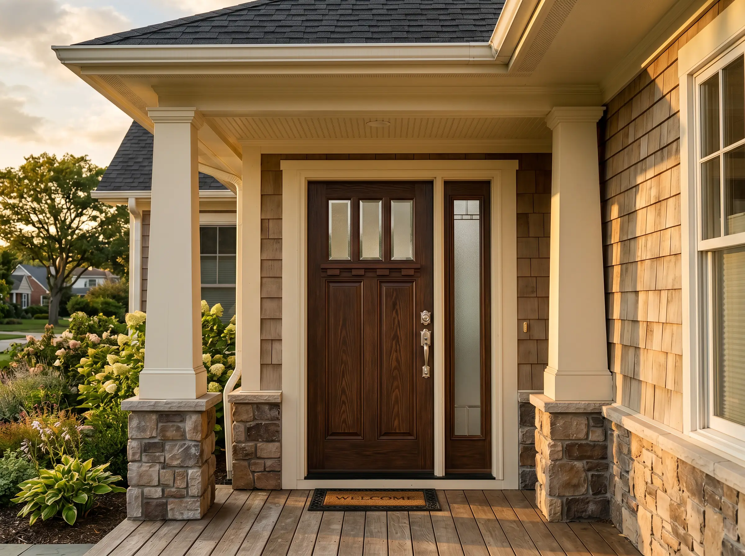 Craftsman fiberglass front entry door, freshly stained dark finish, deep covered porch