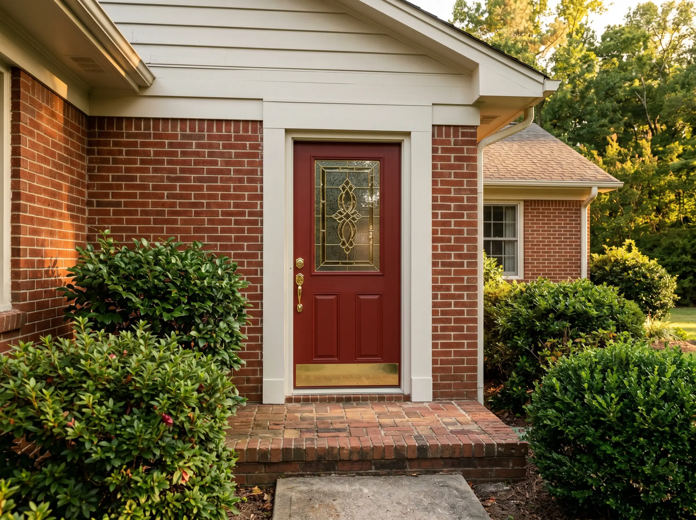 Painted colonial-red fiberglass door with leaded-glass insert on a traditional ranch
