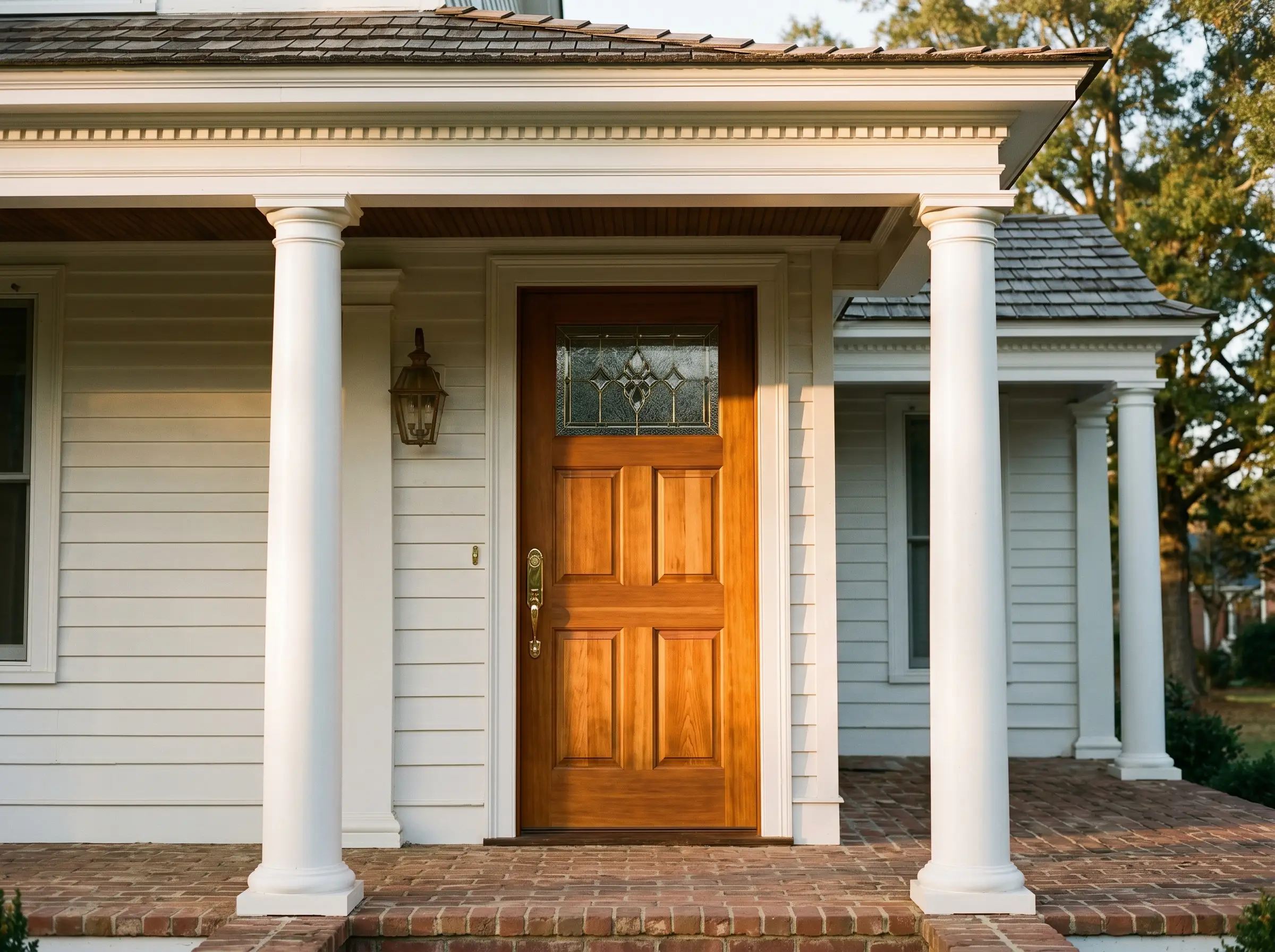 Real wood Simpson entry door, historic Louisburg home, brass hardware