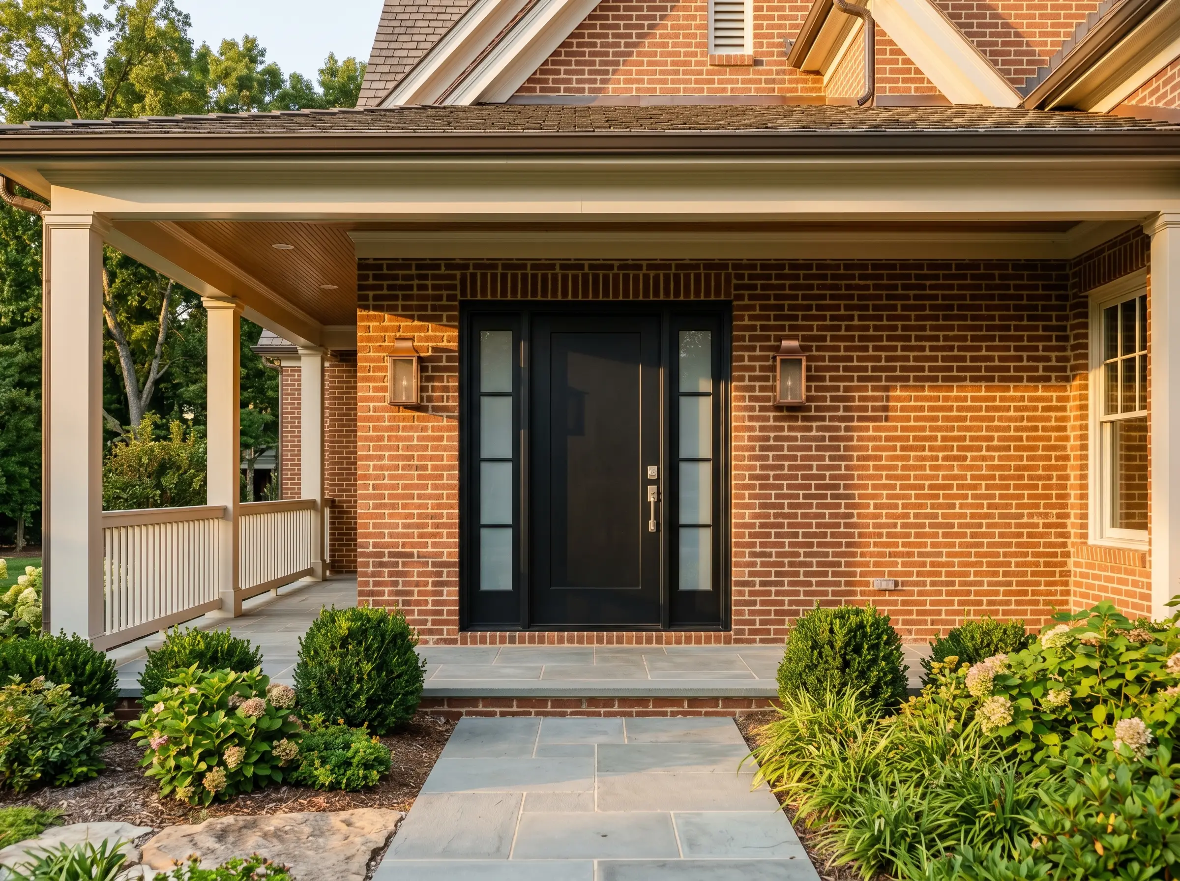 Wide shot of a freshly-installed craftsman entry door with sidelights, golden hour