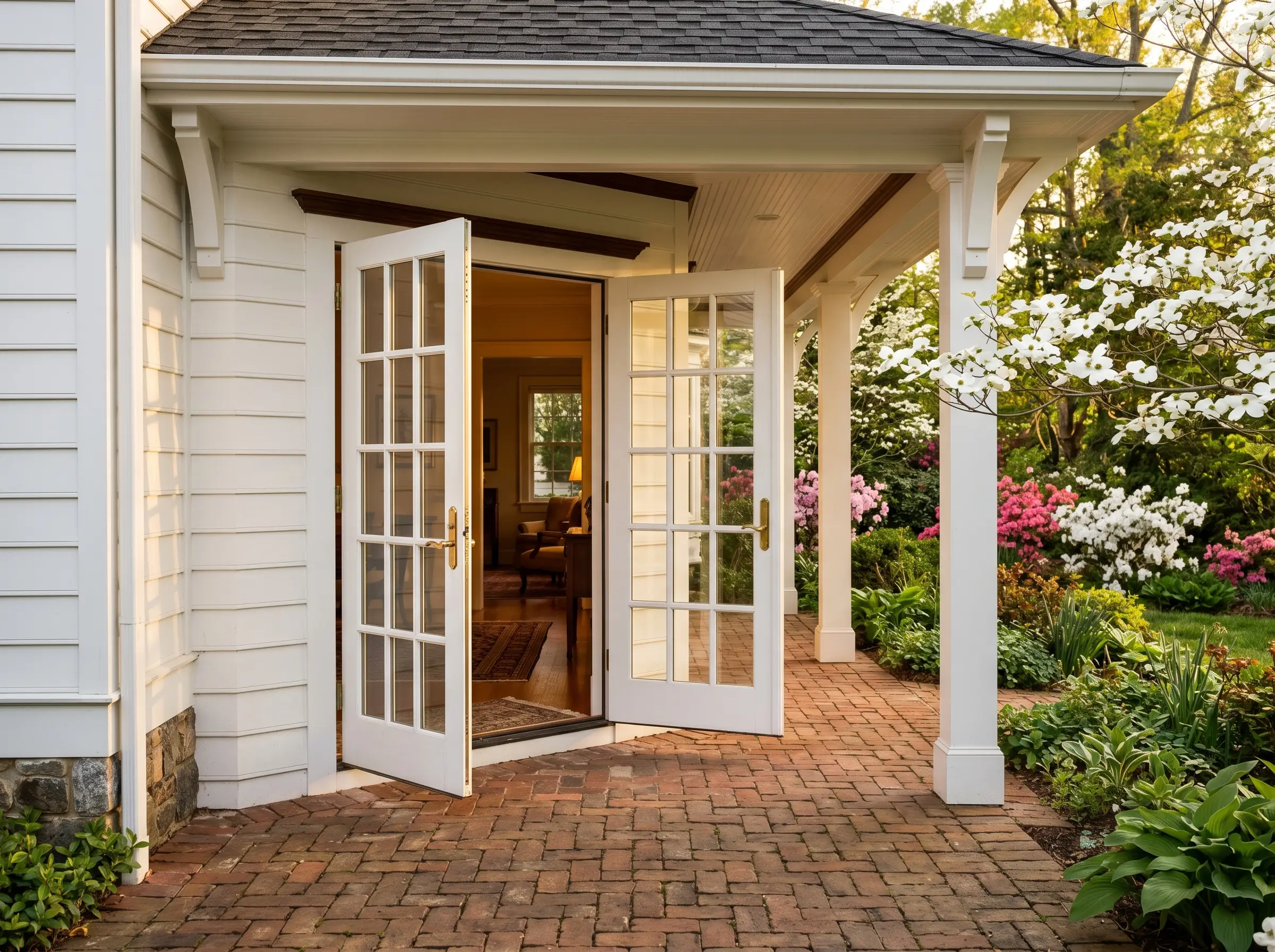 French doors opening from living room to a backyard brick patio, late afternoon