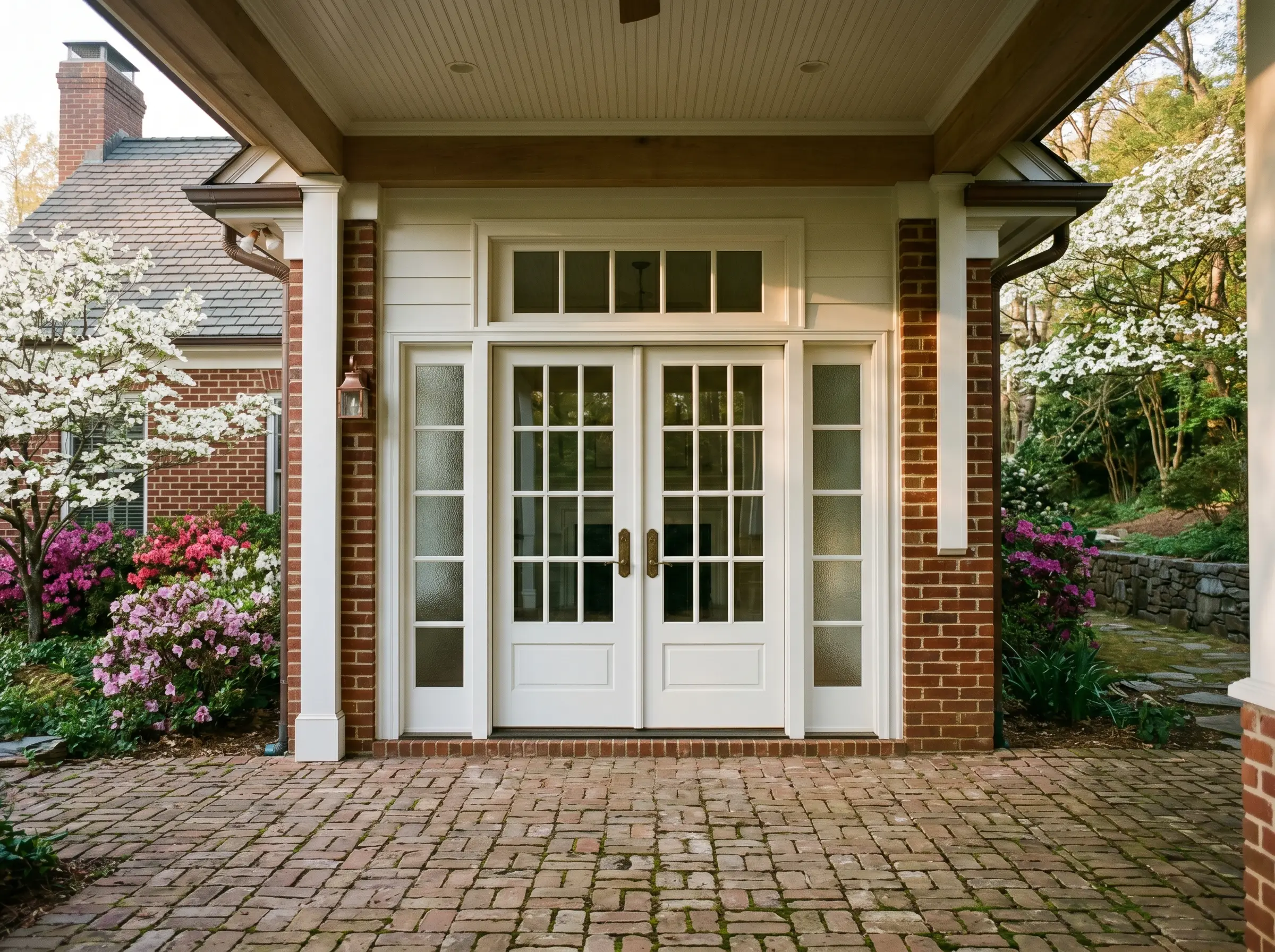 Double hinged patio doors with sidelights opening onto a brick patio, golden hour