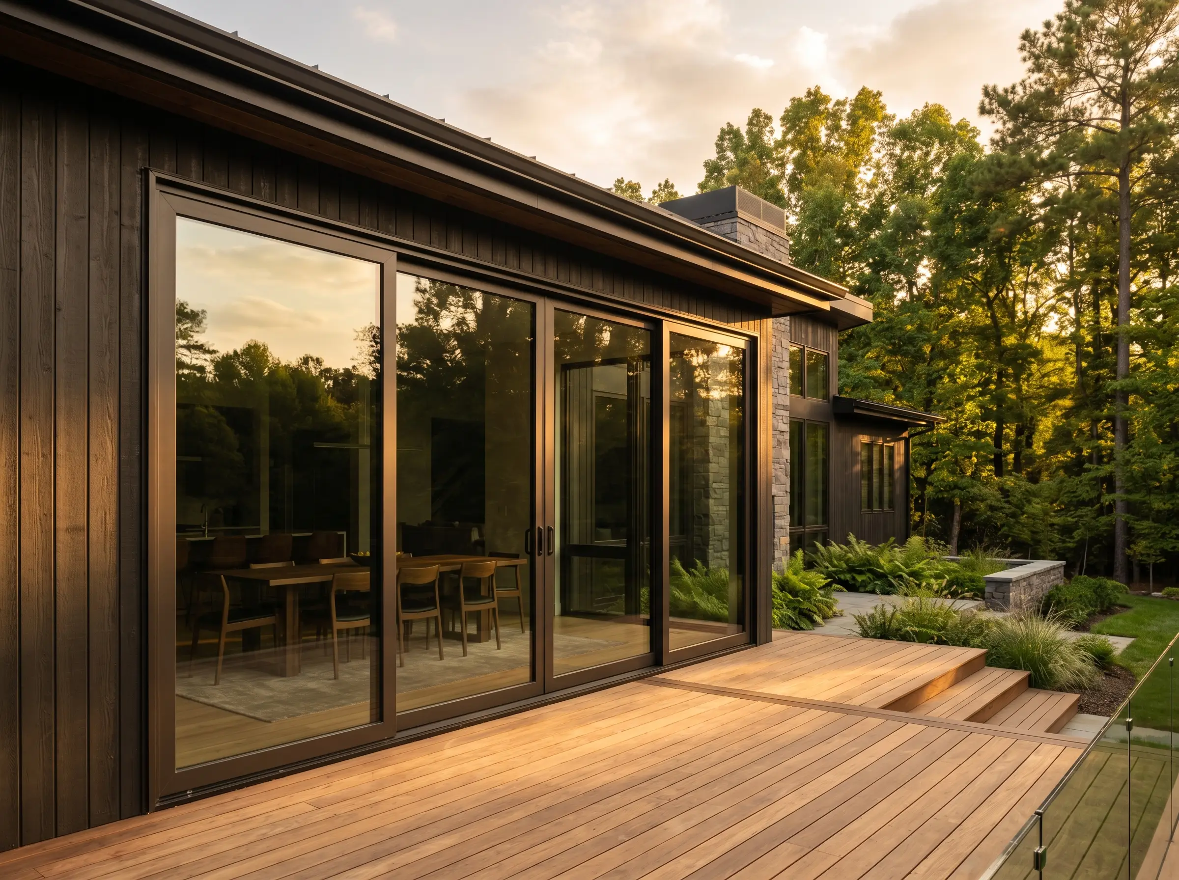 Premium 4-panel sliding glass patio door system, slim aluminum frames, modern rear elevation