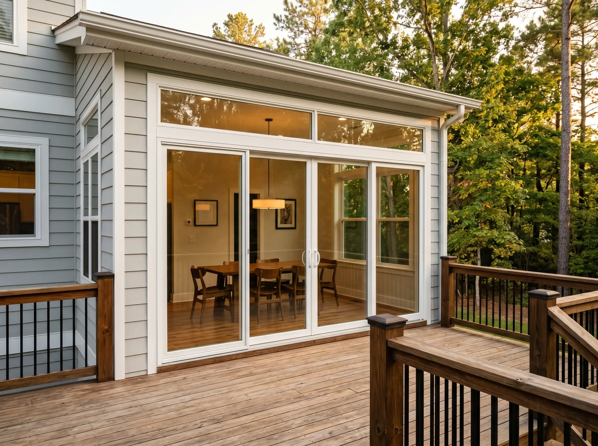 Multi-panel sliding glass patio door installed on rear elevation, deck visible