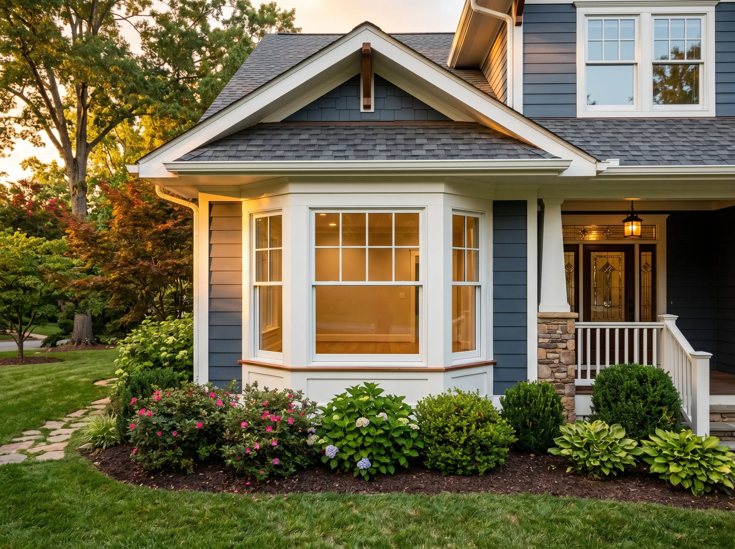 Three-panel bay window projecting from a craftsman facade, late afternoon