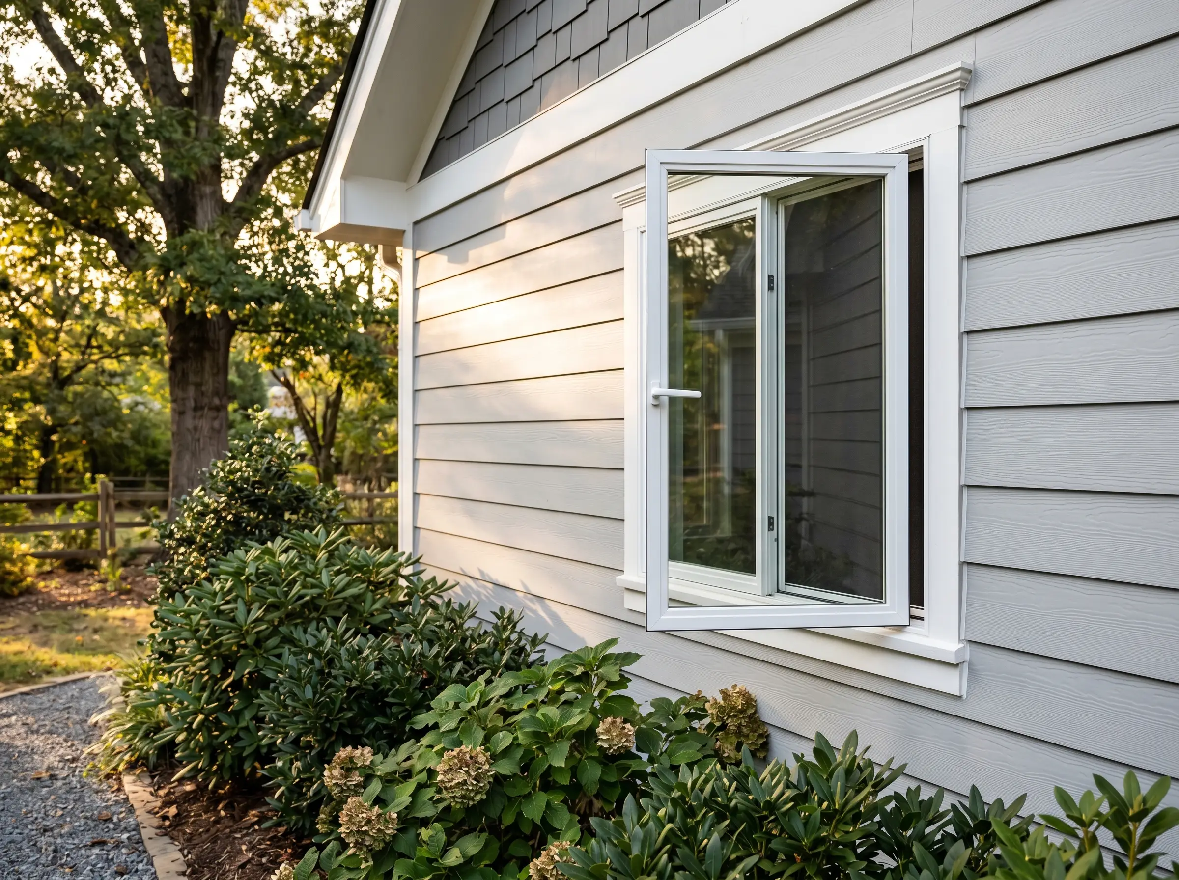 Single casement window installation, white vinyl frame, exterior side-yard view