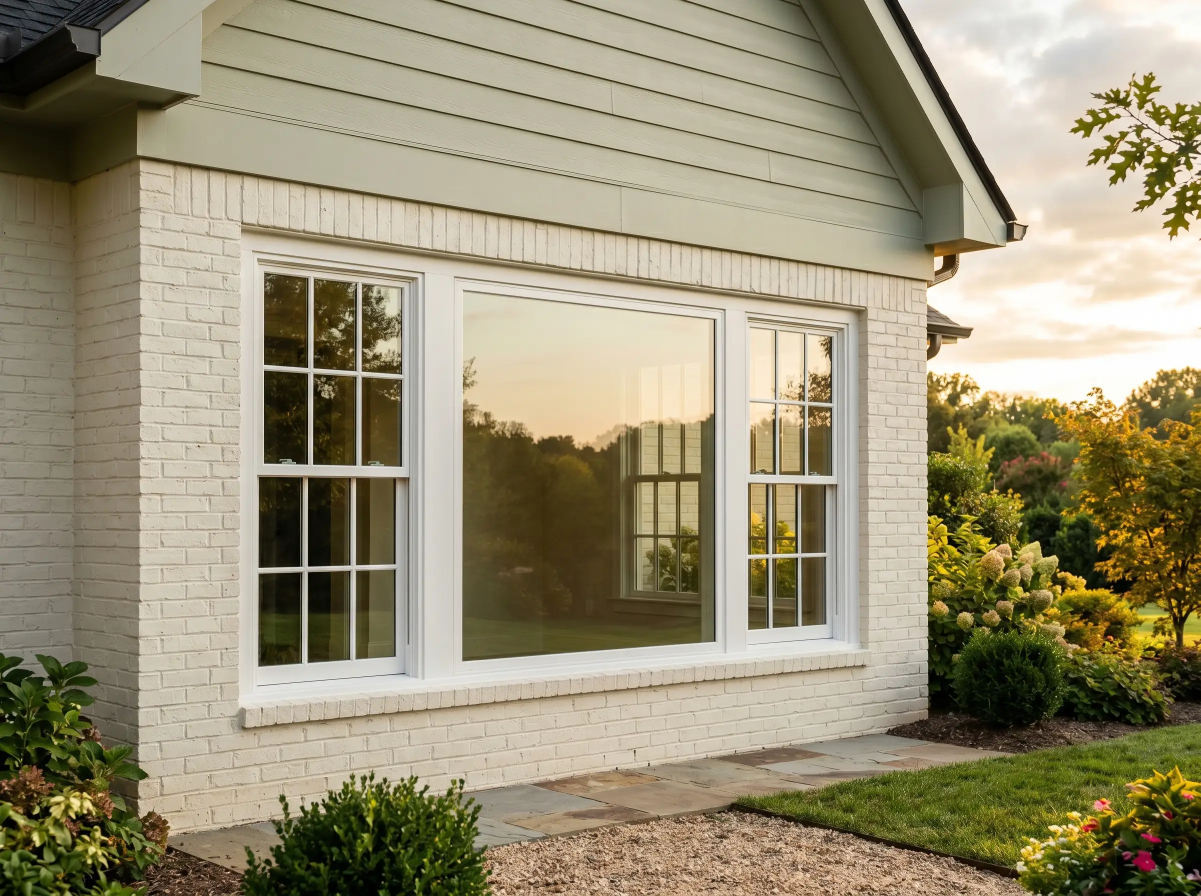 Picture window with operable double-hung side windows, master bedroom exterior