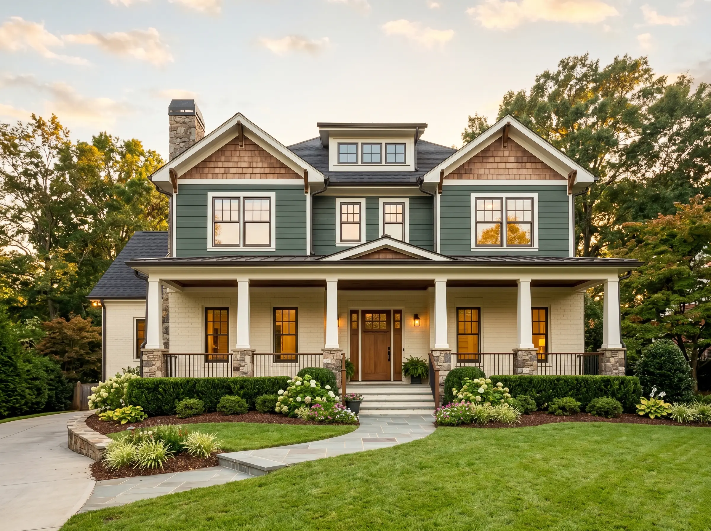 Wide shot of multiple installed windows on a home exterior